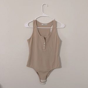 Tan Racerback Button Design Bodysuit